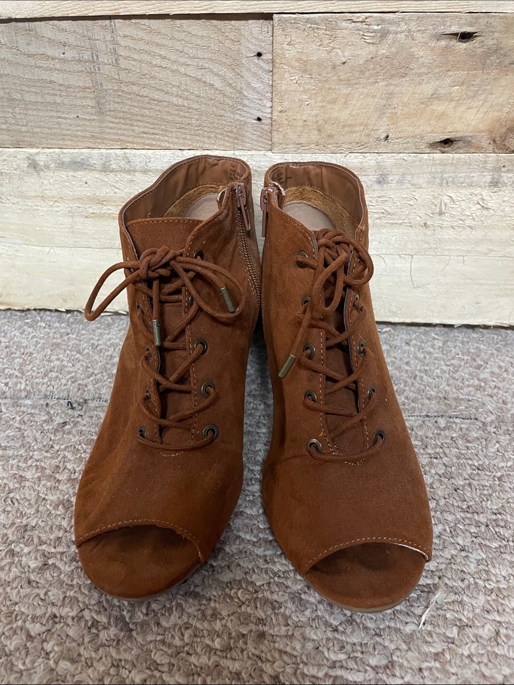 Maurices size 9 Brown Suede Lace-Up Peep-Toe Booties